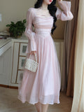 Zjkrl Elegant Evening Party Midi Dress Women Bubble Sleeve French Vintage Sweet Dress Female Pink Korean Style Fairy Dress Autumn
