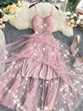 Summer Bling Stars Sequin Dress Women Vintage V Neck Sexy Mesh Dresses Vestidos Mujer Ladies Spaghetti Strap Party Tulle Dress