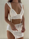 Zjkrl Summer Beach Sexy Skirts Set Women Y2K Jacquard Knitted 2 Piece Sets Tank Tops And Split Mini Dress Vacation