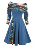 Zjkrl Convertible Cinched Striped Flare Dress Foldover Off The Shoulder Knitted Dresses Women 2023 Long Sleeve Jurken
