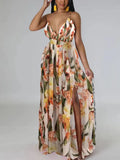 Zjkrl Women Spaghetti Strap Floral Printed Maxi Dress Elegant Summer Boho Beach Slit Dress
