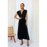Summer Women Elegant Long Deep V Dress Spring New Temperament Sexy Sleeveless Dresses Female Loose Zipper Pleated Party Dress