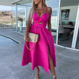 Summer New Fashion Split Skirts Sling Dress For Women Sexy Deep V Neck Hollow Out Sleeveless Lady Elegant Party Dresses Clothes