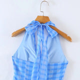 Romantic Women Blue Plaid Halter Long Dress Sexy Backless Sleeveless Ladies Holiday Summer Dresses Fairy Robe