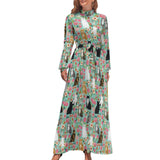 Zjkrl - Cute Cats Print Dress Funny Animal Elegant Printed Maxi Dress High Waist Long-Sleeve Street Fashion Bohemia Long Dresses