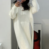 Retro Split Woolen Dress Women Sexy Autumn  White Solid O-neck Soft Long Knitted Dresses Women Clothing Winter Knitwear Chic