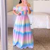 Zjkrl Sexy Off The Shoulder Tube Top Dress Butterfly Rainbow Floral Print Dress Ladies Elegant Slim Summer Bohemian Party Maxi Dresses