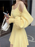 Winter Sweet Knitted Two Piece Dress Set Women Casual Coat+Strap Dress Set Female Korean Style Solid Slim Chic Dress Suit 2022