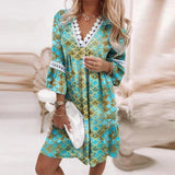 Zjkrl Vintage Print Trumpet Sleeve Boho Beach Dress Women Fashion Lace Patchwork V-Neck Party Dresses Lady Loose A-Line Dress Vestidos