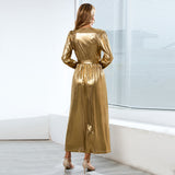 Zjkrl - Fashion Golden Party Dinner Evening Dresses Luxury Women High Waist Bling Robe Sexy V-Neck Lace Up Elegant Long Dress with Belt