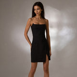 Y2k Style 2023 Summer New Fashion Women&#39;S Suspenders One-Line Shoulder Sexy Solid Color Slim Slit Leg Length Short Black Dress