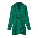 Solid Chic V-Neck Office Lady Satin Dresses For Women 2023 Women&#39;s Long Sleeve Gathered Pullovers Slim Elegant Female Dress