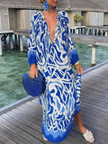 Zjkrl Women Elegant V Neck Loose Party Dress Lady Retro Printing Long Sleeve Holiday Dress Autumn Casual Femme Dress Streetwear