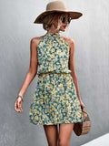 Zjkrl - 2023 Summer Short Floral Dress Women Sleeveless Mini Halter Boho Dress Ladies Sundress Flower Holiday Party Dress For Women Red