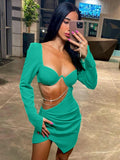 Mozision Autumn Diamond Chain Hollow Out Full Sleeve Mini Dress For Women Fashion Green Backless Ruched Dress Vestido Clothes