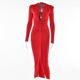 Zjkrl - Elegant Pleated Casual Bodycon Long Dress Autumn Winter Women Slim Evening Party Robe Sexy Bandage Ladies Dress