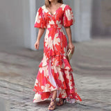 Office Sexy V-neck Short Sleeve Long Dress Vintage Patterm Print Lace-up Beach Dress Summer Women Fashion Loose Hem Party Dress