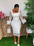 Zjkrl - Guest Wedding Dress Woman Bodycon Shiny Square Collar Long Sleeves Lace Patchwork Birthday African Party Event Occasion Gown New