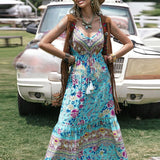 Zjkrl Sexy Vintage Print Lace-up Beach Dress Summer Sleeveless Holiday Sling Long Dress Elegant V Neck High Waist Party Dress Vestidos