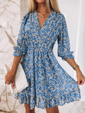 Zjkrl - Dress for Women Sexy V-neck 2023 New Midi Dress Bohemian Print Short-sleeved Floral Dress with A Nipped-in Waist Pullover
