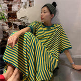 Summer New Striped Plus Size T Shirt Dress Short Sleeve Round Neck Loose All-match Dresses Fashion Casual Korean Women Clothing