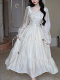 Zjkrl French Vintage Elegant Fairy Dress Women Yellow Sweet Korean Style Fairy Dress Long Sleeve Evening Party Midi Dress