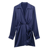 Solid Chic V-Neck Office Lady Satin Dresses For Women 2023 Women&#39;s Long Sleeve Gathered Pullovers Slim Elegant Female Dress