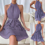 Zjkrl Women Soild Ruffle Design Dress Halter Neck Dress Casual Sweet Style Dress Grace Sleeveless Dress Women Summer Dress