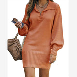 Zjkrl New In 2023 Women Dress Medium Long Skirt Sweater Dress Female Lapel Long Sleeve Dress Pullover Loose Women Knitted Dresses