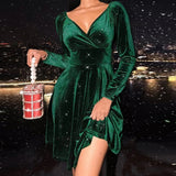 Sexy Club Party Women Dress New Fashion  Long Sleeve Bodycon Dress V-Neck Ruched Midi Dresses For Women Winter
