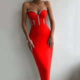 New Women&#39;S Fashion Bead Chain Crystal Design Long Dress Sexy Sleeveless Backless Celebrity Party Bandage Dress