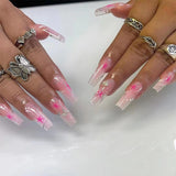 Zjkrl - 24Pcs Full Cover False Nails Red Rhinestone Planet Long Ballerina Coffin Nail Tips Detachable Fake Nails Press on Nails Manicure