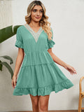 Summer Short Sleeve Dresses For Women Fashion Lace Stitching V Neck Elegant Plus Size Beach Casual Ruffles Mini Dress Vestidos