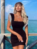 Zjkrl New Ladies Summer Fashion Ladies Sexy Tassel Diamond Crystal Black Bodycon Bandage Dress Elegant Evening Party Dress