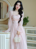 Zjkrl Elegant Evening Party Midi Dress Women Bubble Sleeve French Vintage Sweet Dress Female Pink Korean Style Fairy Dress Autumn