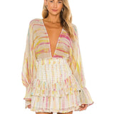 Zjkrl - 2023 Summer Holiday Vocation Long Sleeve Sexy V-neck Ruffled A-line Beach Playsuit with Headband