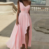 Zjkrl Sexy Diagonal Collar Waist Pleated Maxi Dresses Sleeveless Off Shoulder Asymmetrical Prom Dress Women Elegant Dress Dinner Party