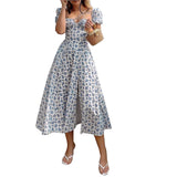 Zjkrl - Fashion Floral Printed Summer Dress  Women Puff Short Sleeve Casual BOHO Front Lace-Up Vintage Sundress Party Wear