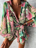 Sexy V-Neck Long Sleeve Top & Elastic Waist Short Floral Print Beach Outfit Fashion Lace Up Loose Chiffon Set Women Elegant Suit
