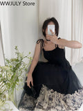 Zjkrl - French Vintage Black Strap Dress Gothic Casual Summer Sleeveless Sexy Retro Midi Dress Slim Korean Style Party Dress Woman