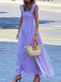Zjkrl - 2023 New Summer Ruffle Sleeve Long Dress Retro Plaid Printed Beach Maxi Dress Women Sexy Square Neck Loose Hem A-Line Dress