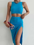 Women Sexy Solid Color Two-piece Set Women's Sleeveless O-neck Vest and High Waist Split Long Slit Skirt Suit  2022 Summer