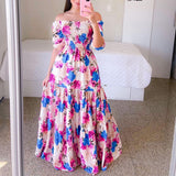 Zjkrl Sexy Off The Shoulder Tube Top Dress Butterfly Rainbow Floral Print Dress Ladies Elegant Slim Summer Bohemian Party Maxi Dresses