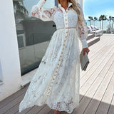 Zjkrl - Elegant Stand Collar Button Shirt Dress Sexy Lace Embroidery Stitch Long Dress Lady Casual Long Sleeve Hollow Solid Party Dress