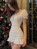 Zjkrl - Ruffles Vintage Dress Women Summer Ruched Elegant White Short Sleeve Ladies Dress Beach Party