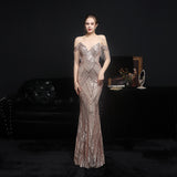Zjkrl Women Elegant Off Shoulder Luxury Evening Dress Sexy  Sequin Mermaid Dress Spaghetti Straps Silver Beading Long Party Dress New