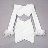 Zjkrl - 2023 Fashion Feather Mesh  Bandage Womens Two Peice Sets Blazer Mujer Top Mini Dress Sexy Dresses