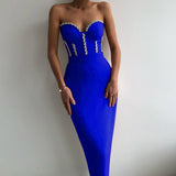 New Women&#39;S Fashion Bead Chain Crystal Design Long Dress Sexy Sleeveless Backless Celebrity Party Bandage Dress