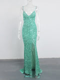 New Royal Blue Sequin Backless Slip Mermaid Long Party Dresses Luxury V Neck Velvet Stretch Slit Sleeveless Cocktail Prom