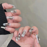 Zjkrl - 24pcs/box Fake French y2k Nails Press On Long Stiletto Almond Shape Wearable False Nails With Stars Designs Full Cover Nail Tips